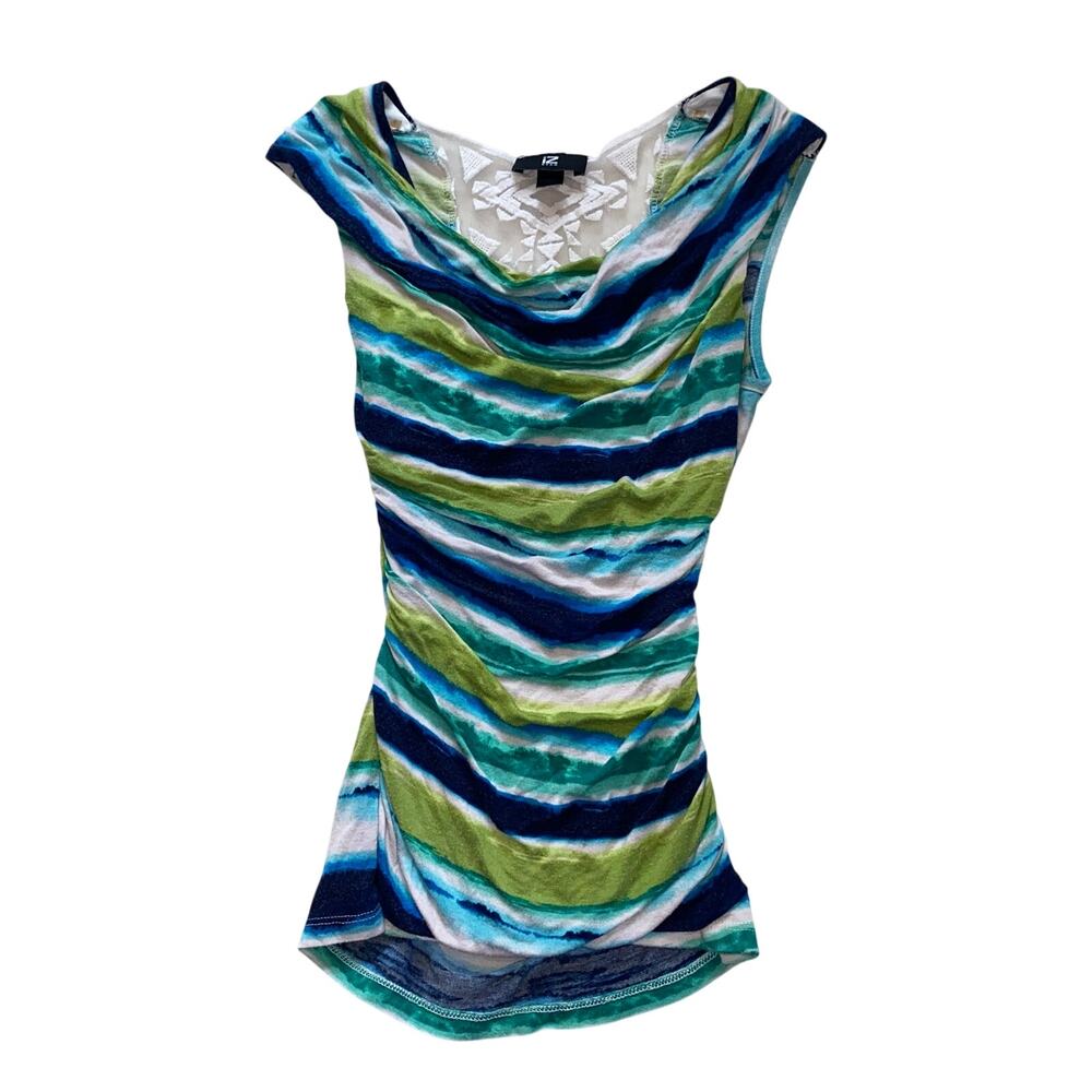 Y2K IZ Byer Striped Blouse, XS, white lace detail